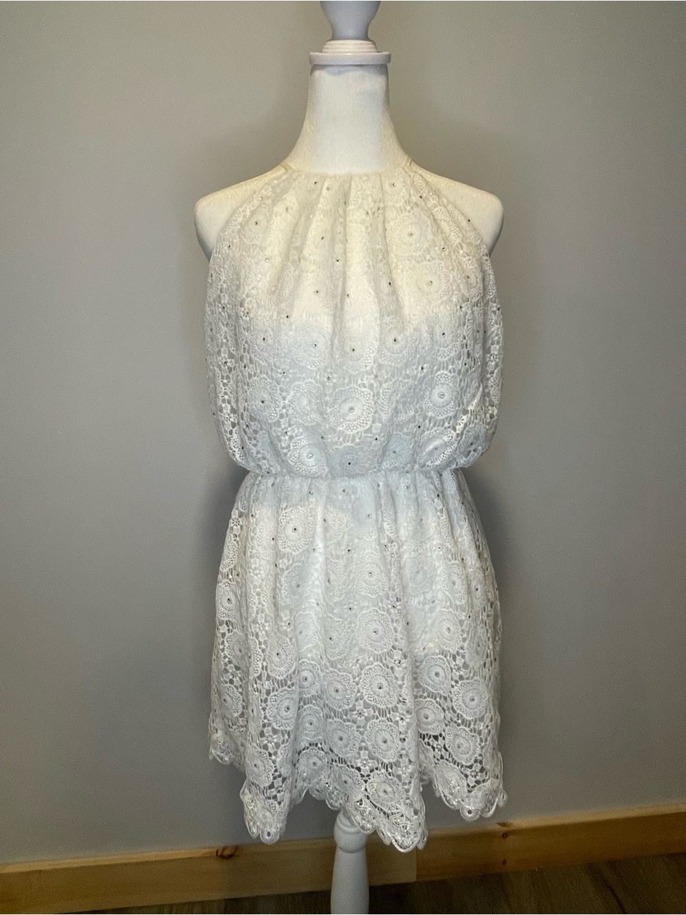 Lolita Jaca Luxury Resort Wear, White Halter Lace Mini Dress